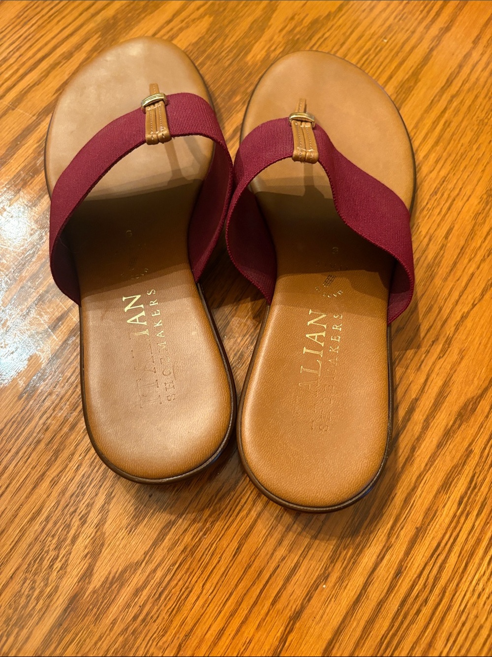 Italian Shoemakers Burgundy Wide-Band Thong Sandals with Tan Footbed - Picture 2 of 3